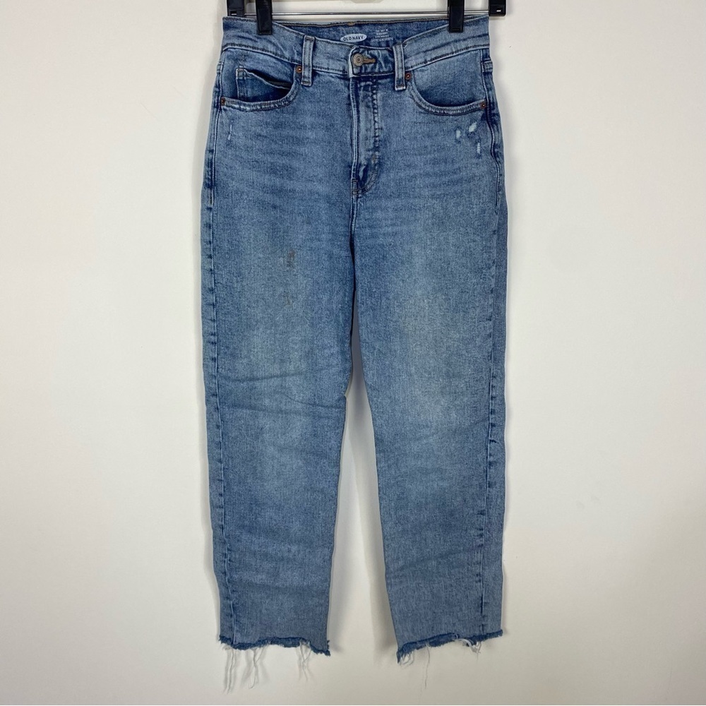 Old Navy The Sky Hi Straight Ultra High Rise denim jeans fray raw hem